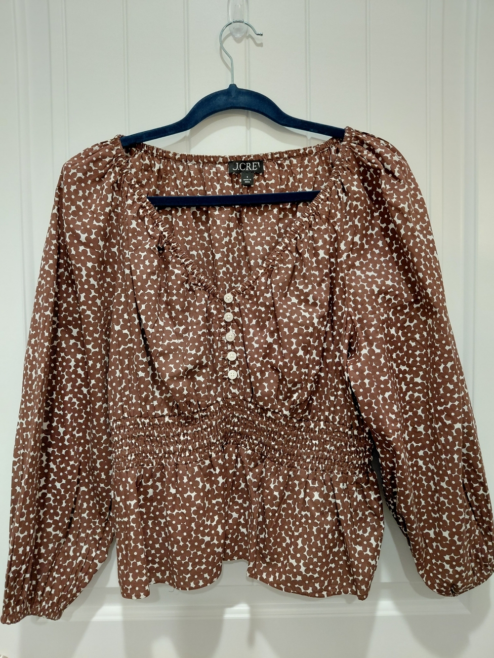 J. Crew Brown and White Printed Smocked Peasant Blouse #0958